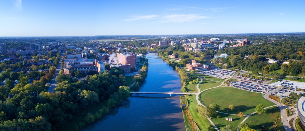 Campus drone image overlooking river